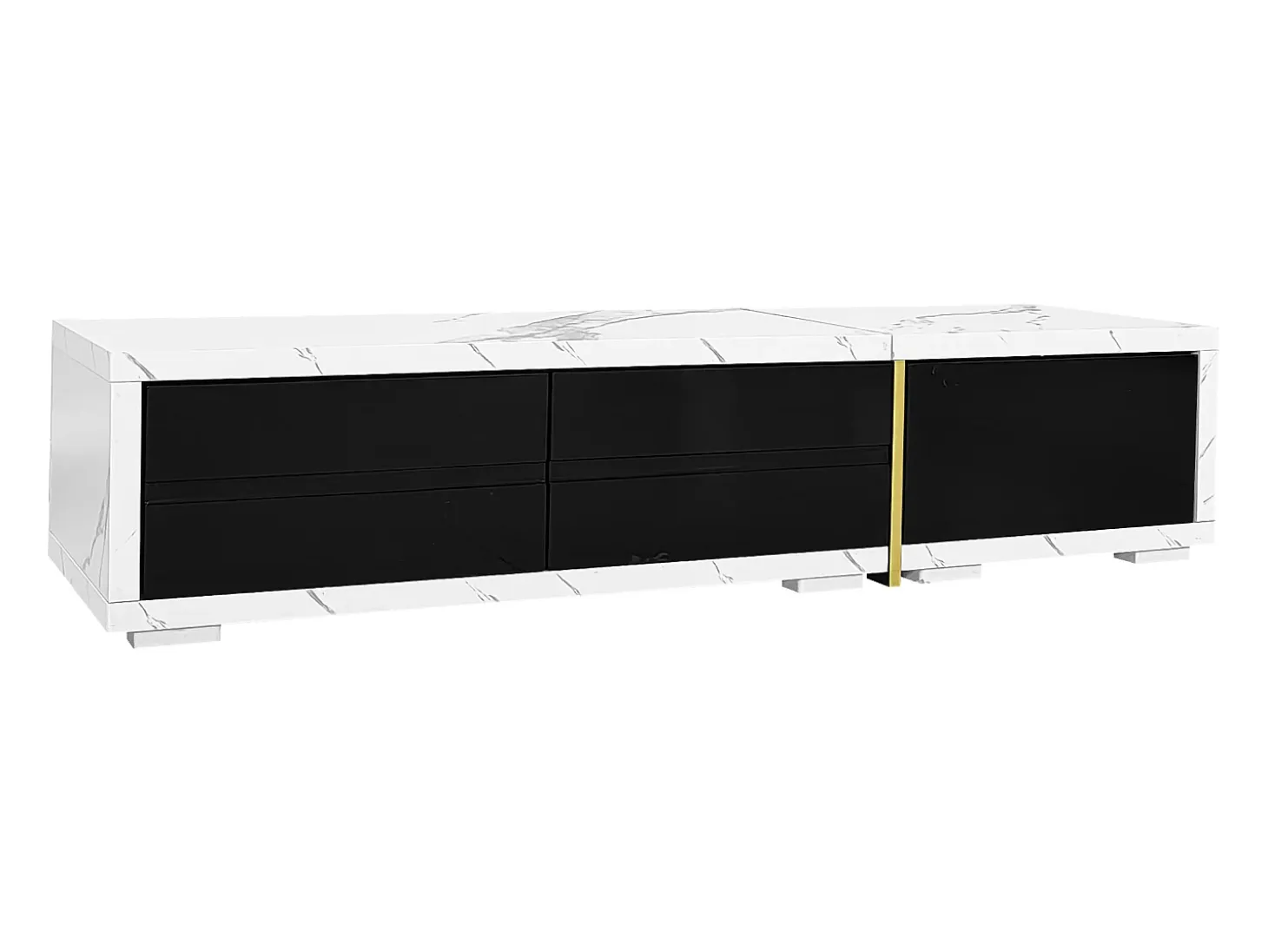Mueble TV de 3 puertas, longitud regulable, frontal negro brillo y laterales chapados efecto mármol blanco - 140/260x40x30cm