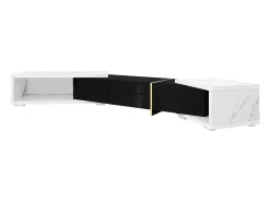 Mueble TV de 3 puertas, longitud regulable, frontal negro brillo y laterales chapados efecto mármol blanco - 140/260x40x30cm