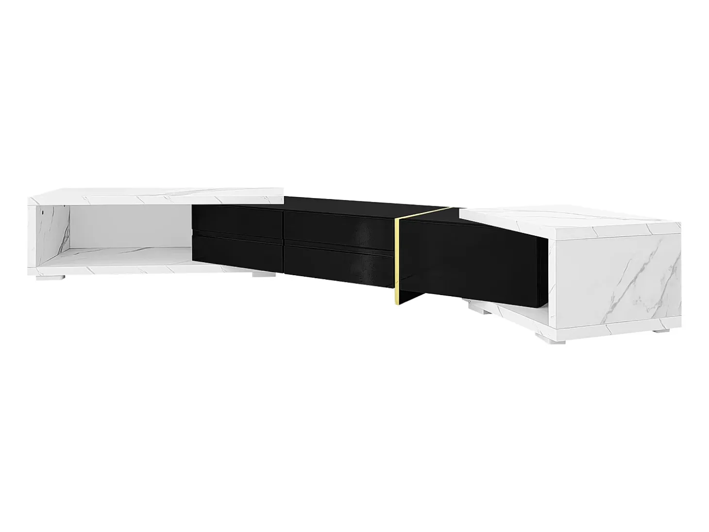 Mueble TV de 3 puertas, longitud regulable, frontal negro brillo y laterales chapados efecto mármol blanco - 140/260x40x30cm