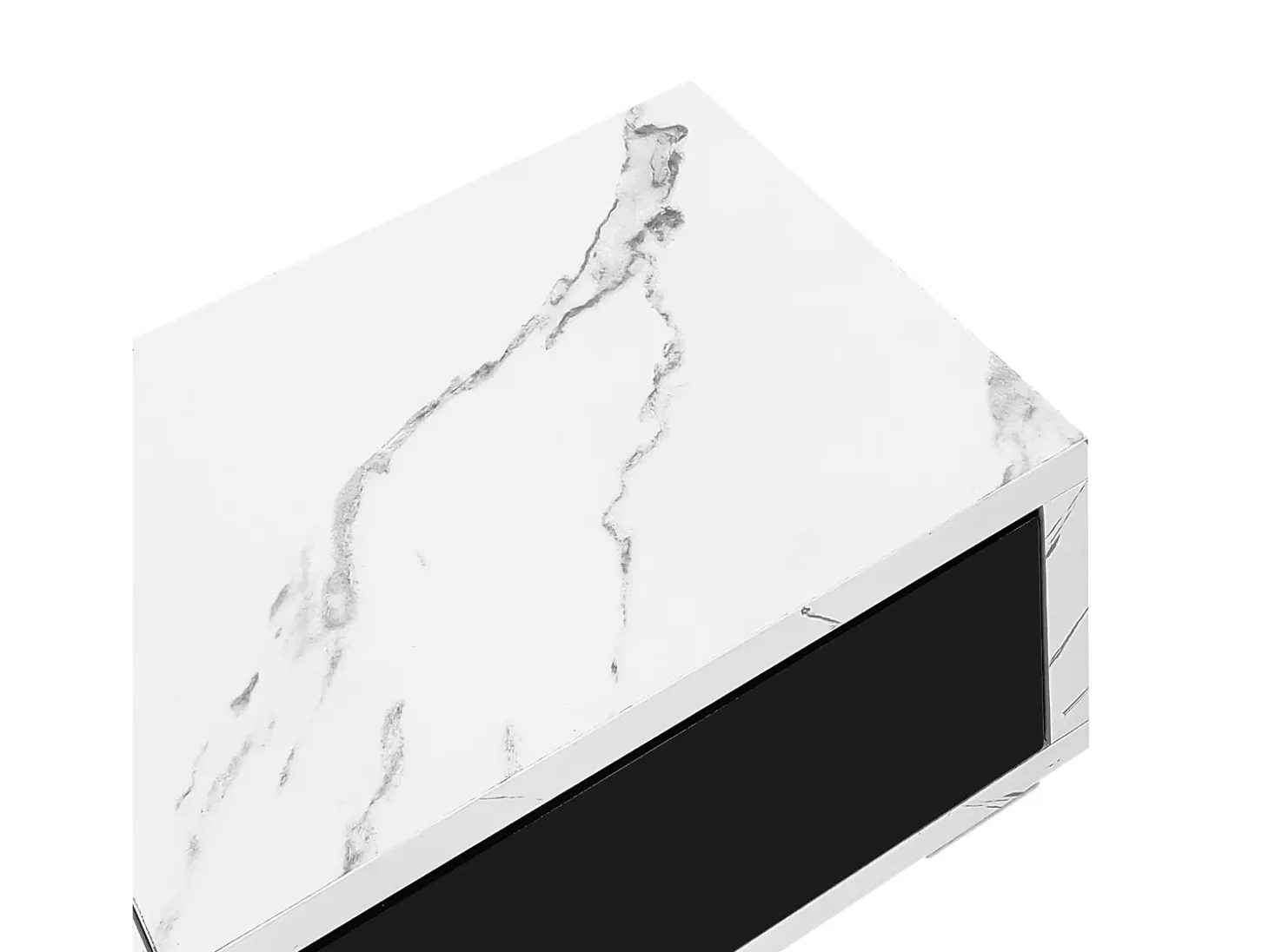 Mueble TV de 3 puertas, longitud regulable, frontal negro brillo y laterales chapados efecto mármol blanco - 140/260x40x30cm