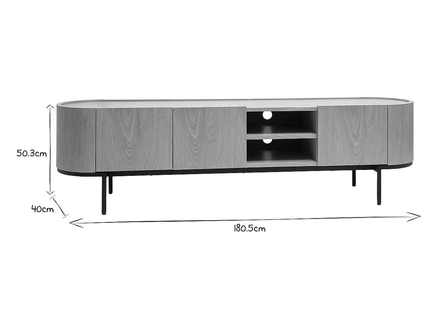 Mueble TV de diseño en madera clara y metal negro con almacenaje 180 cm SKYE