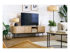 Mueble TV de diseño en madera clara y metal negro con almacenaje 180 cm SKYE