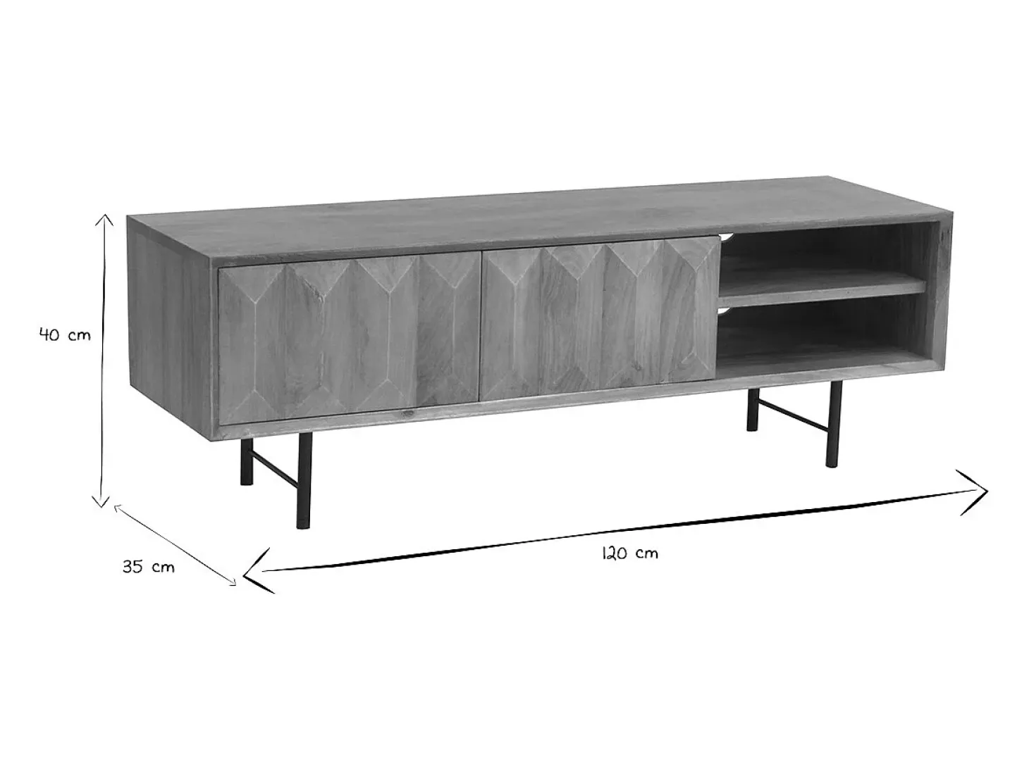 Mueble TV de madera clara de mango macizo con grabado y metal negro 120 cm AGRA
