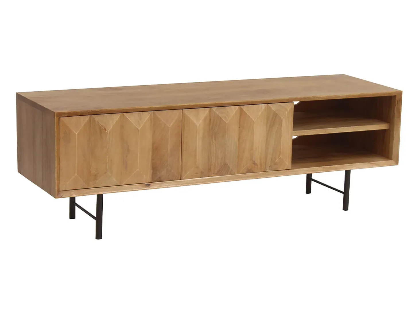 Mueble TV de madera clara de mango macizo con grabado y metal negro 120 cm AGRA