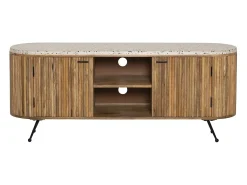 Mueble TV de madera de mango y terrazo Ambrine - Diseño contemporáneo con patas compás y almacenamiento