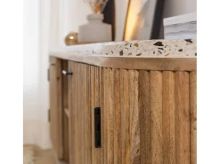 Mueble TV de madera de mango y terrazo Ambrine - Diseño contemporáneo con patas compás y almacenamiento