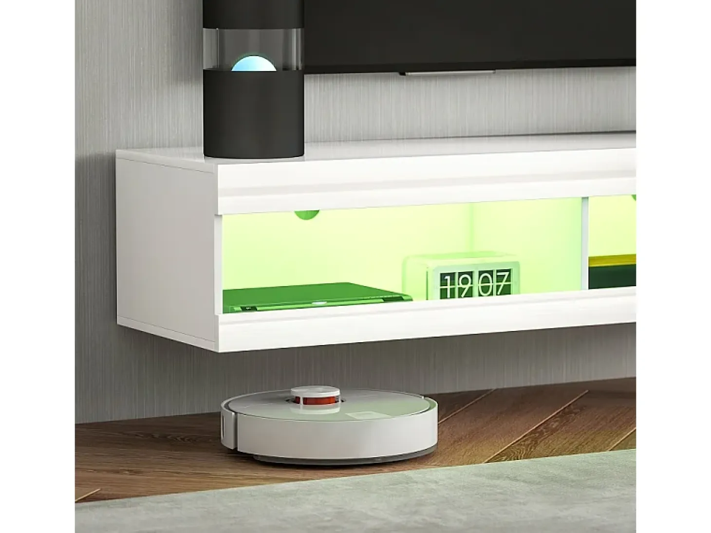 Mueble TV de pared o bajo, 140 × 40 × 30 cm, acabado lacado blanco, iluminación LED RGB, almacenaje abierto, salón/dormitorio