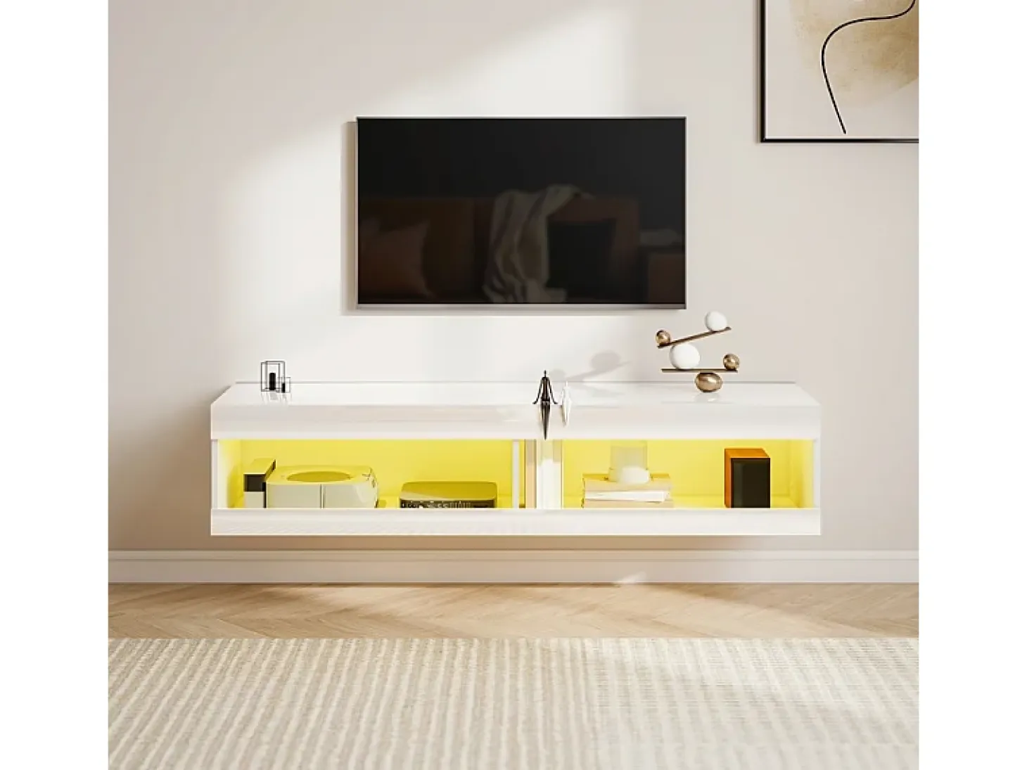 Mueble TV de pared o bajo, 140 × 40 × 30 cm, acabado lacado blanco, iluminación LED RGB, almacenaje abierto, salón/dormitorio