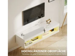 Mueble TV de pared o bajo, 140 × 40 × 30 cm, acabado lacado blanco, iluminación LED RGB, almacenaje abierto, salón/dormitorio
