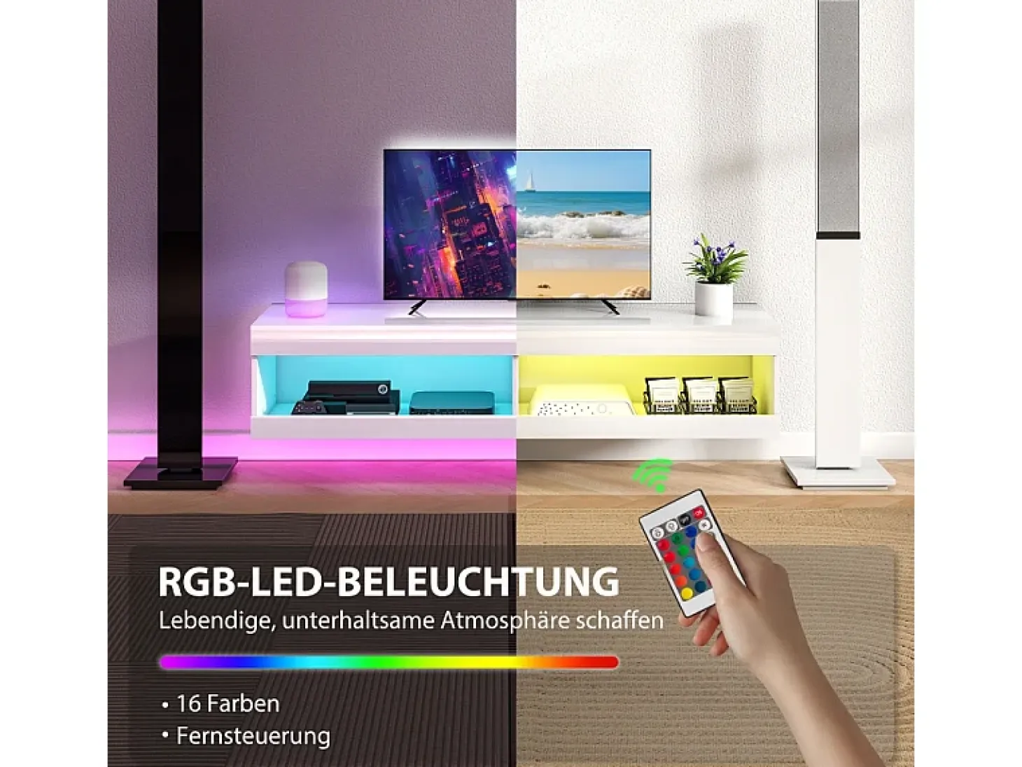 Mueble TV de pared o bajo, 140 × 40 × 30 cm, acabado lacado blanco, iluminación LED RGB, almacenaje abierto, salón/dormitorio