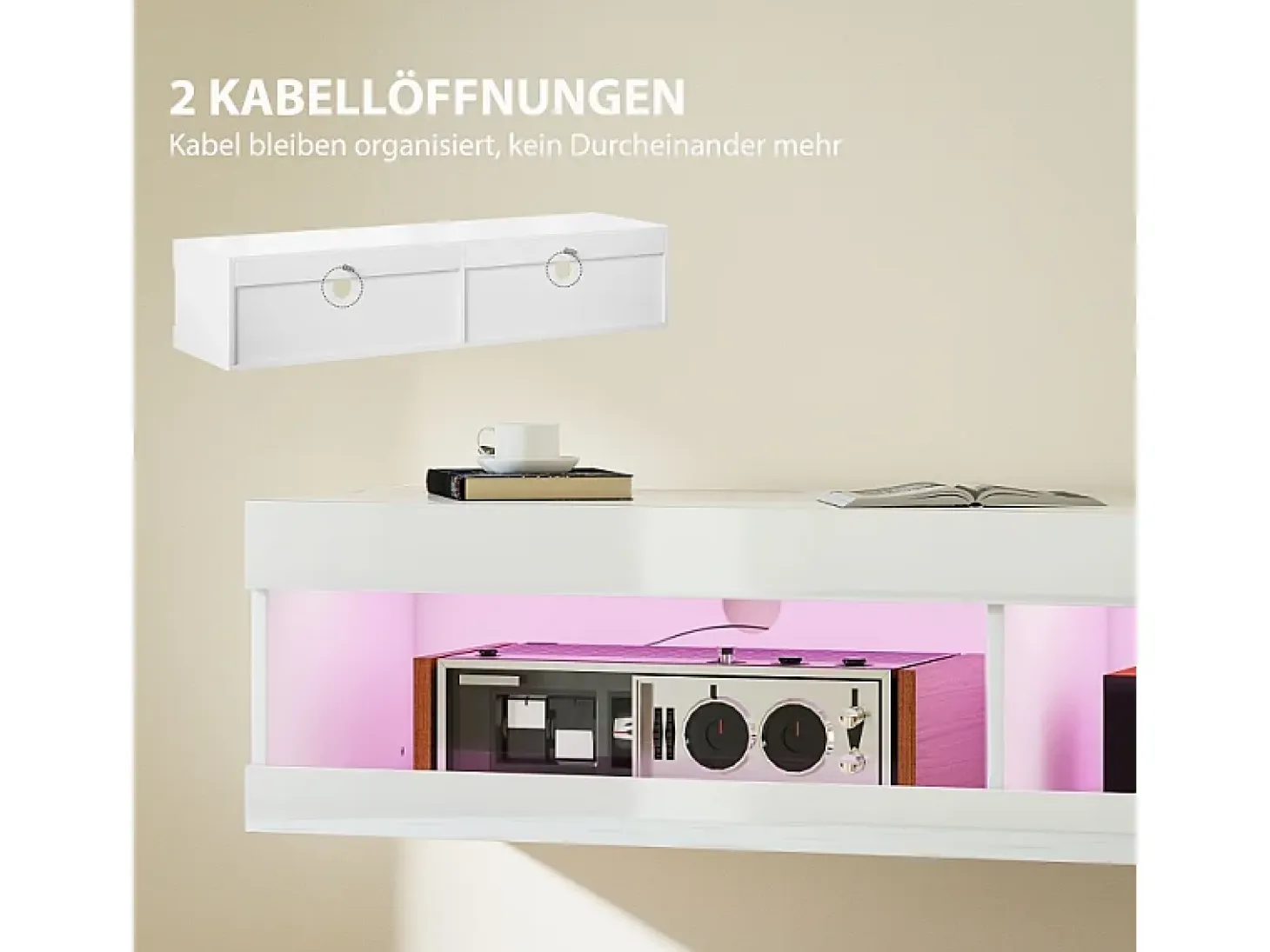 Mueble TV de pared o bajo, 140 × 40 × 30 cm, acabado lacado blanco, iluminación LED RGB, almacenaje abierto, salón/dormitorio