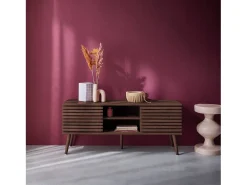 Mueble tv escandinavo 2 puertas, decoración madera acanalada nogal