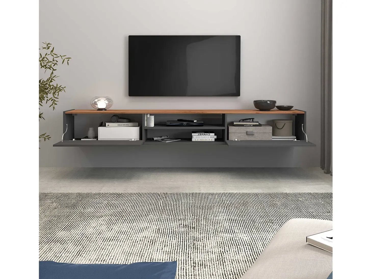 Mueble TV Garda con 2 puertas y 1 estante central, color antracita mate y roble, 210 x 35 x 30 cm