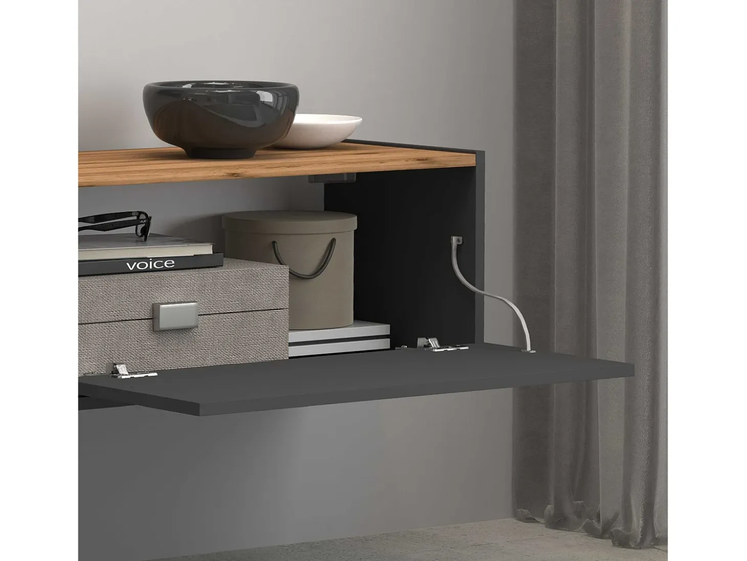 Mueble TV Garda con 2 puertas y 1 estante central, color antracita mate y roble, 210 x 35 x 30 cm