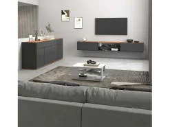 Mueble TV Garda con 2 puertas y 1 estante central, color antracita mate y roble, 210 x 35 x 30 cm
