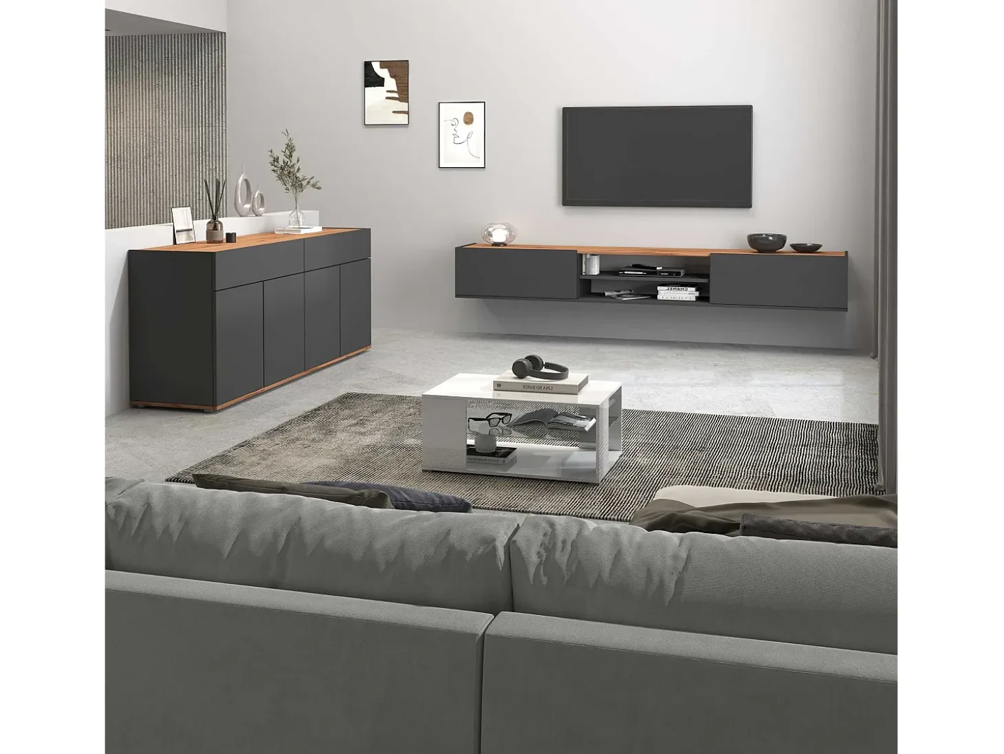 Mueble TV Garda con 2 puertas y 1 estante central, color antracita mate y roble, 210 x 35 x 30 cm