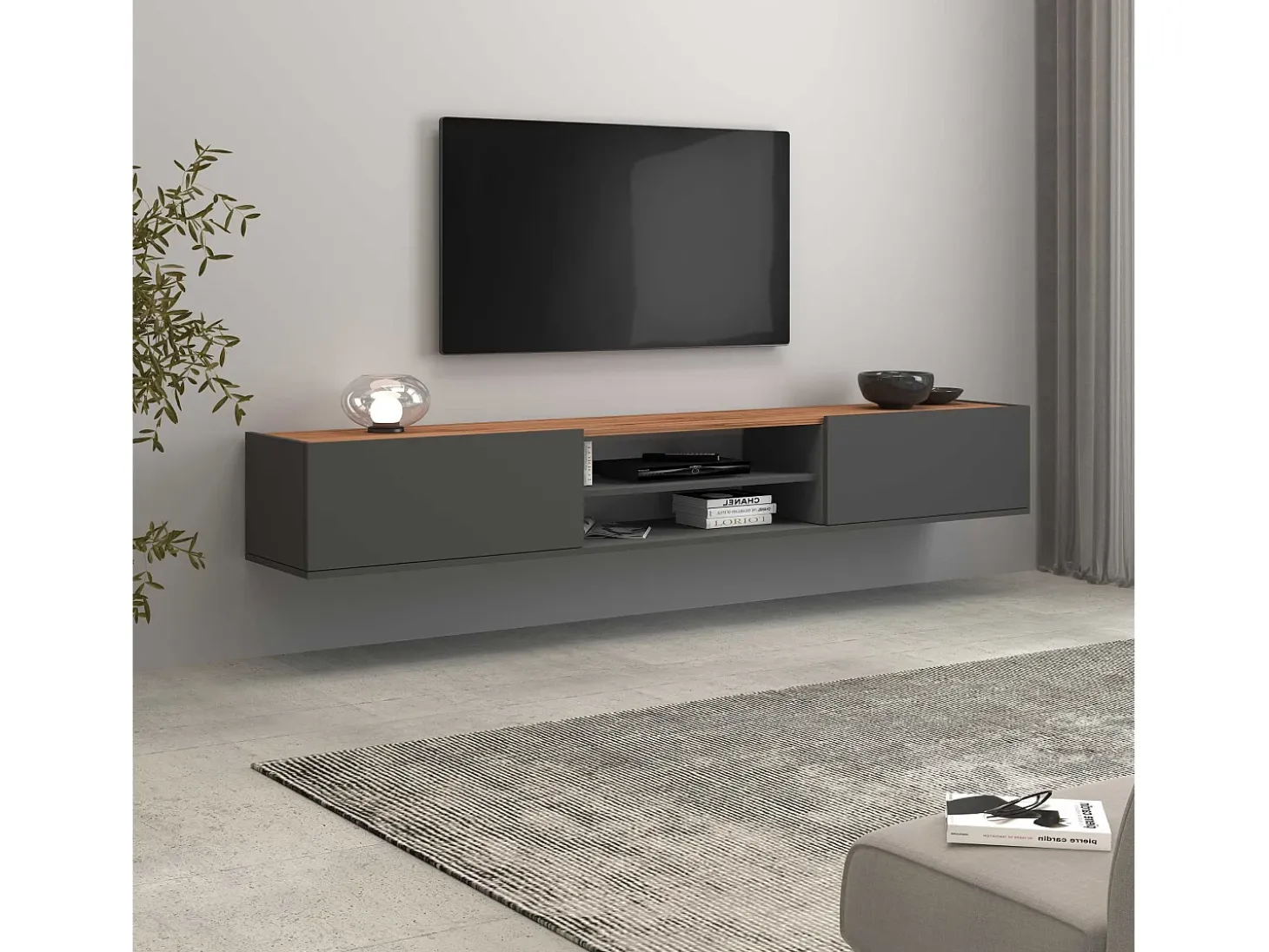 Mueble TV Garda con 2 puertas y 1 estante central, color antracita mate y roble, 210 x 35 x 30 cm