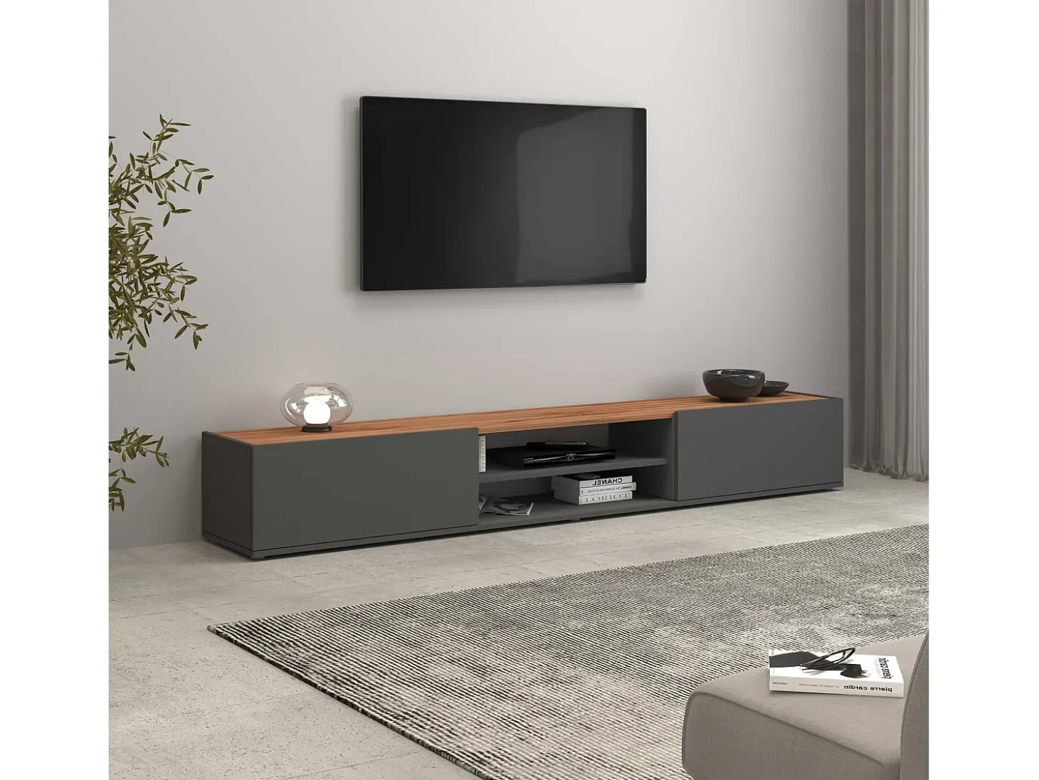 Mueble TV Garda con 2 puertas y 1 estante central, color antracita mate y roble, 210 x 35 x 30 cm