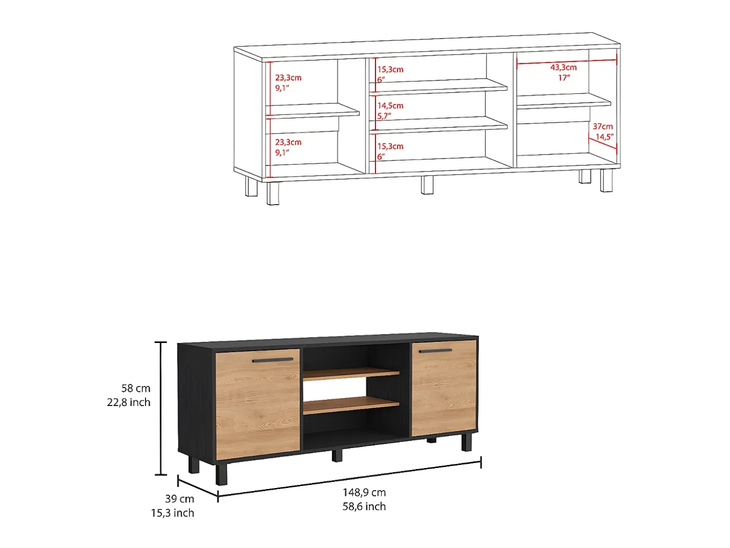Mueble TV Kaia con Almacenamiento Multimedia , 57.98 cm X 148.92 cm X 38.98 cm , Negro