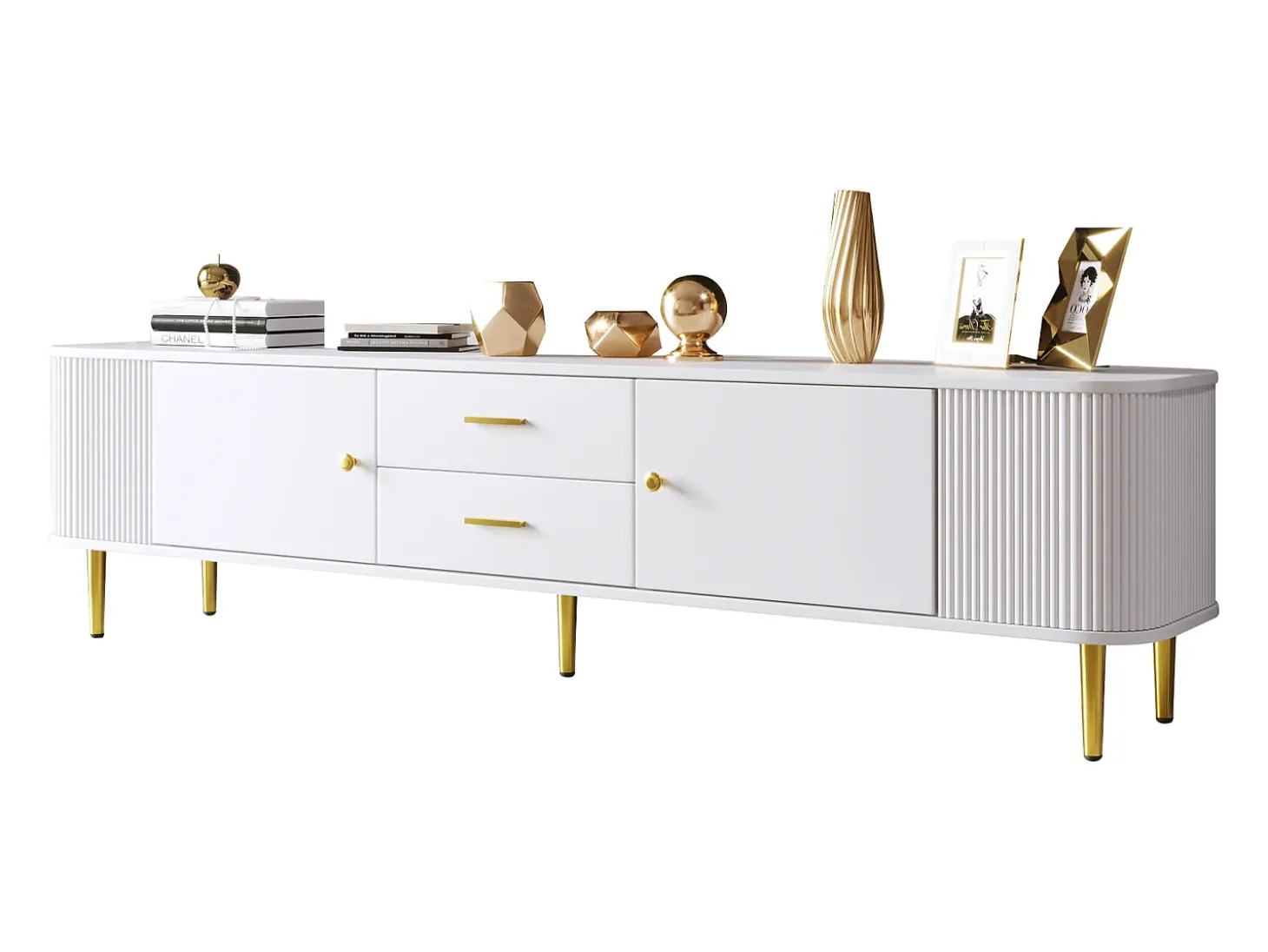 Mueble TV L 170 cm - 2 cajones y 2 puertas - tiradores y pies dorados - Blanco