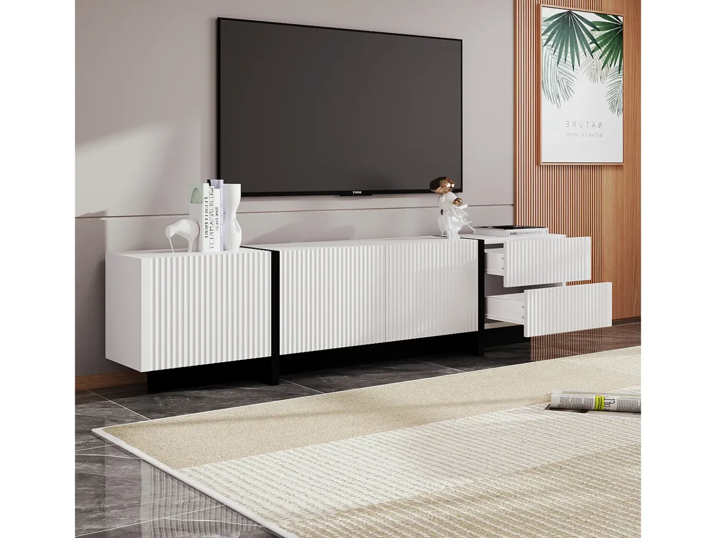 Mueble TV L 190 cm - 3 puertas 2 cajones 5 compartimentos - Blanco y negro