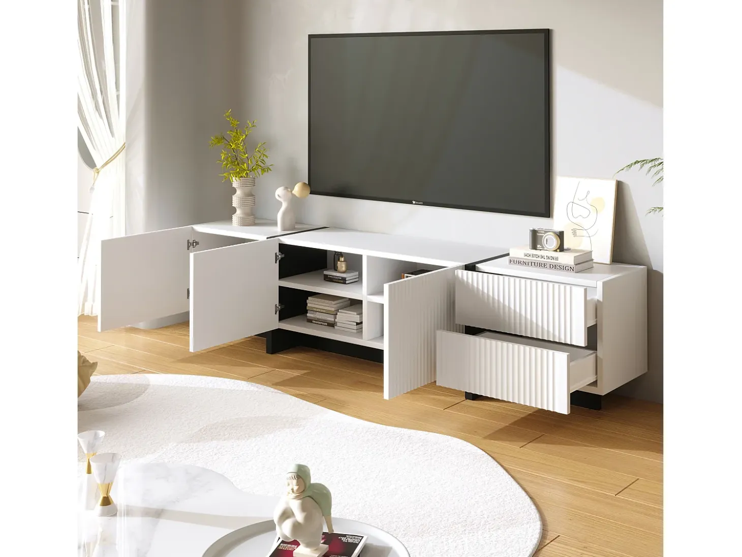 Mueble TV L 190 cm - 3 puertas 2 cajones 5 compartimentos - Blanco y negro
