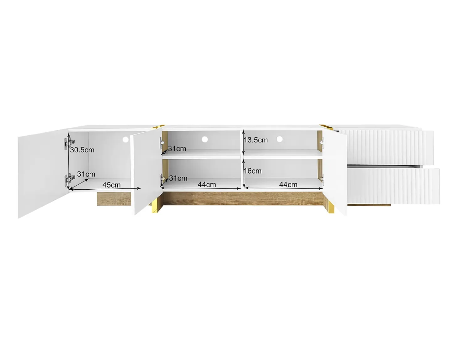 Mueble TV L 190 cm - 3 puertas 2 cajones 5 compartimentos - Blanco y dorado