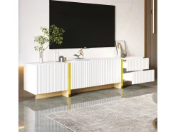 Mueble TV L 190 cm - 3 puertas 2 cajones 5 compartimentos - Blanco y dorado
