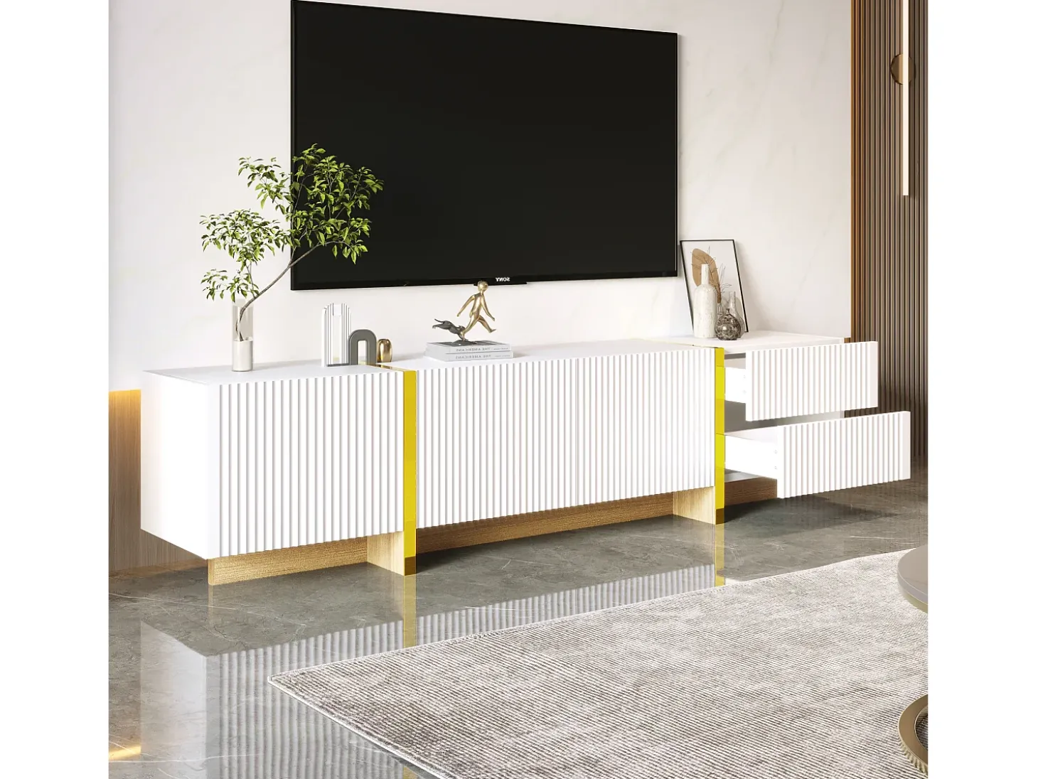 Mueble TV L 190 cm - 3 puertas 2 cajones 5 compartimentos - Blanco y dorado