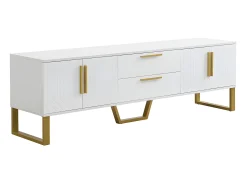 Mueble TV L 170 cm - aspecto brillante - 4 puertas texturizadas grabadas con tiradores dorados - Blanco