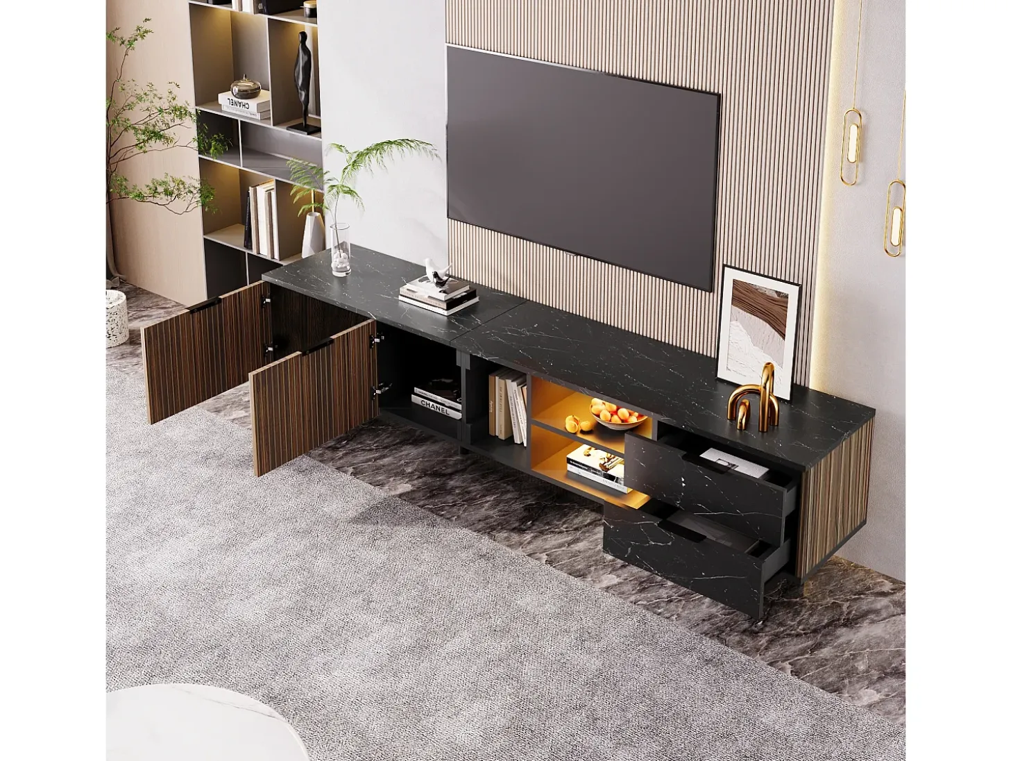 Mueble TV L 200 cm con LED - 2 puertas y 2 cajones - Marrón