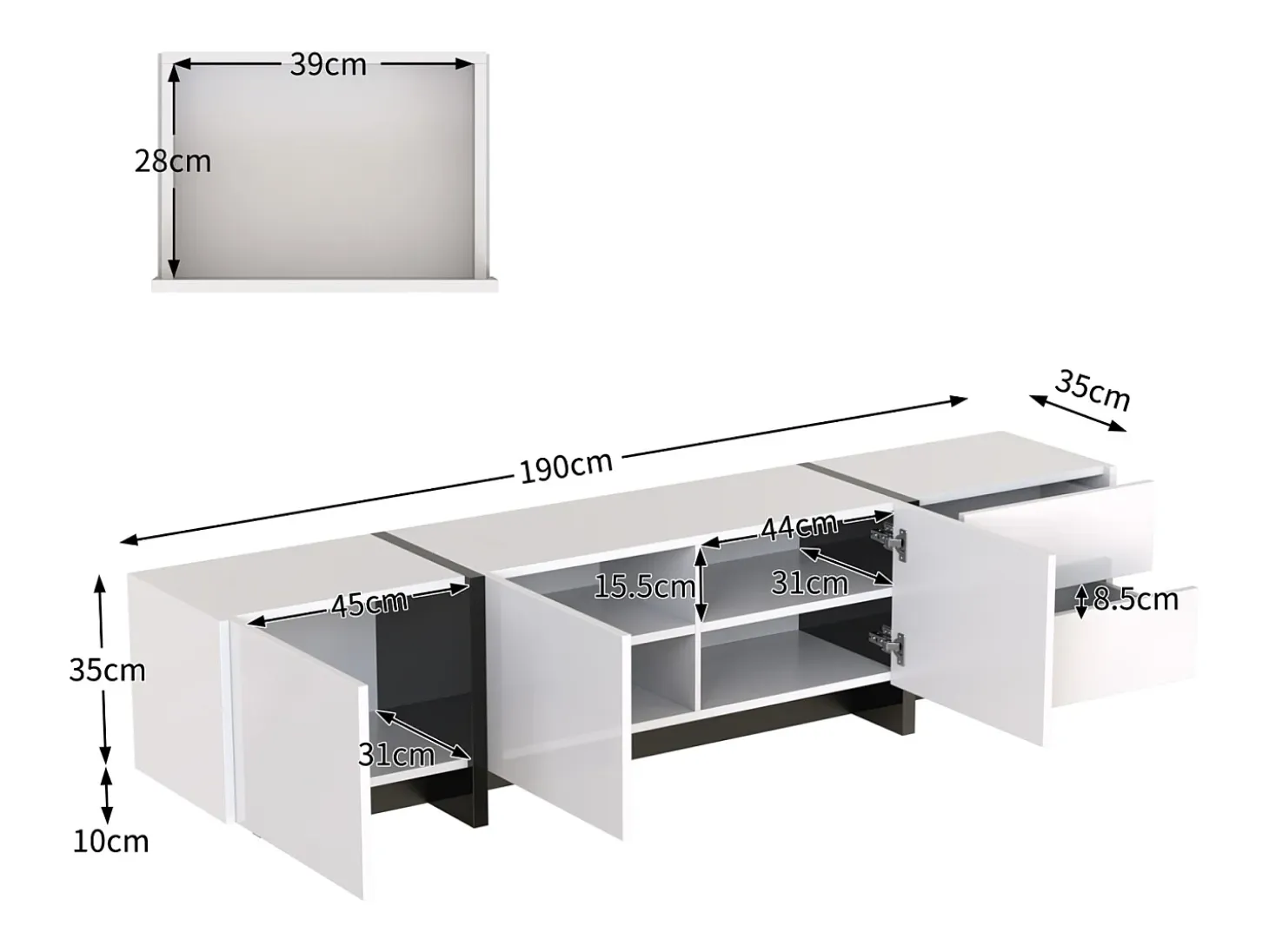 Mueble TV lacado en blanco y negro – Aparador bajo con puertas, cajones y estantes, patas negras, 190 x 35 x 45 cm
