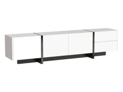 Mueble TV lacado en blanco y negro – Aparador bajo con puertas, cajones y estantes, patas negras, 190 x 35 x 45 cm