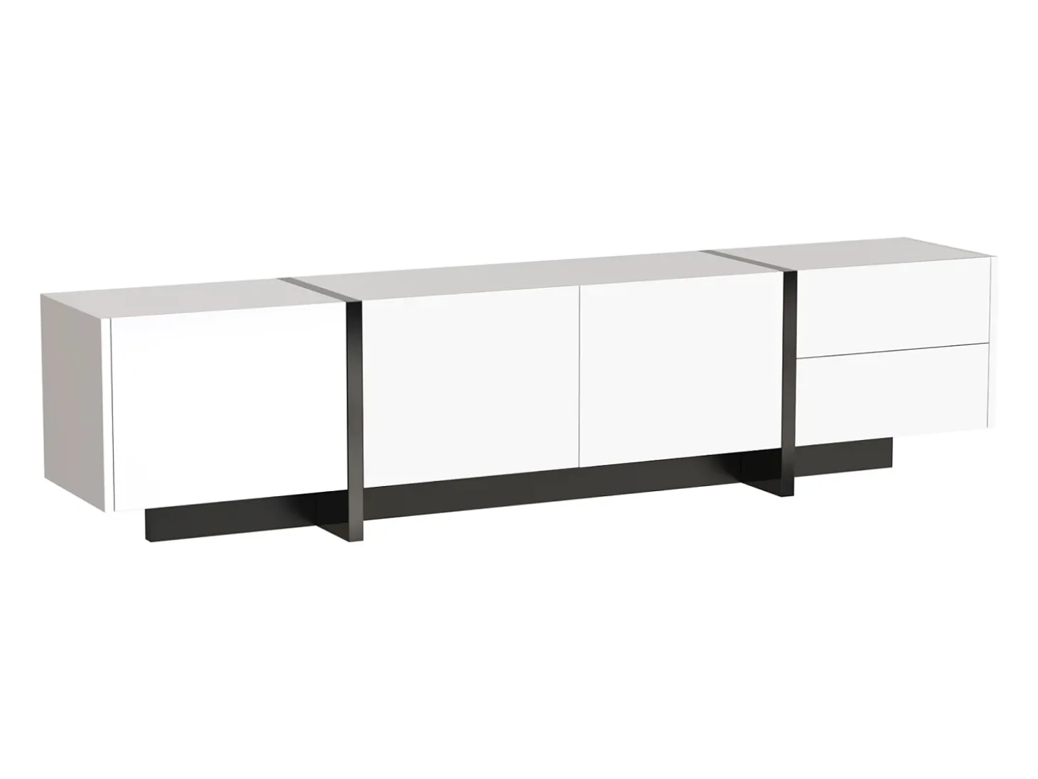 Mueble TV lacado en blanco y negro – Aparador bajo con puertas, cajones y estantes, patas negras, 190 x 35 x 45 cm