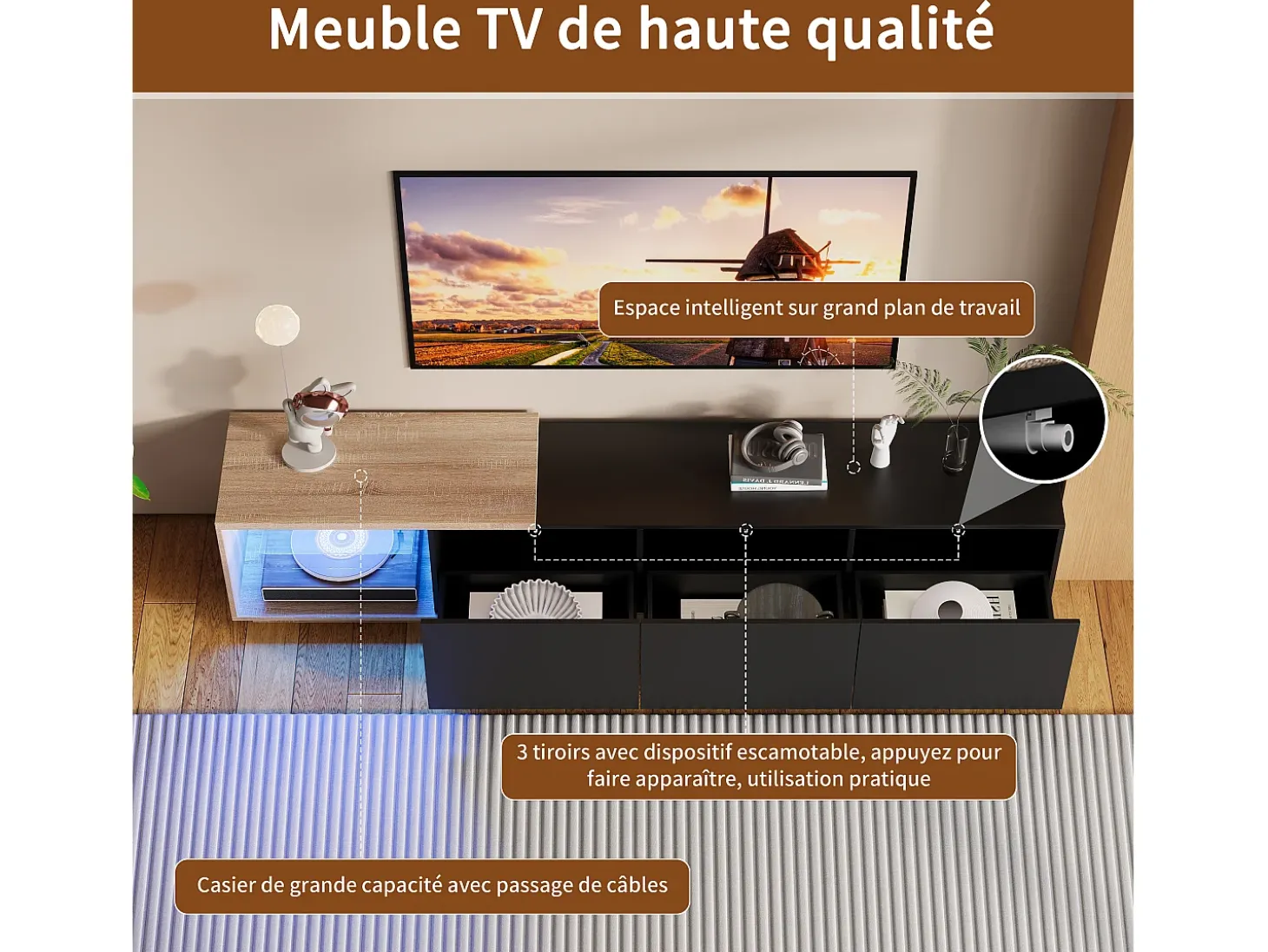 Mueble TV LED - con 3 cajones - madera - negro - 240 × 38 × 44 cm