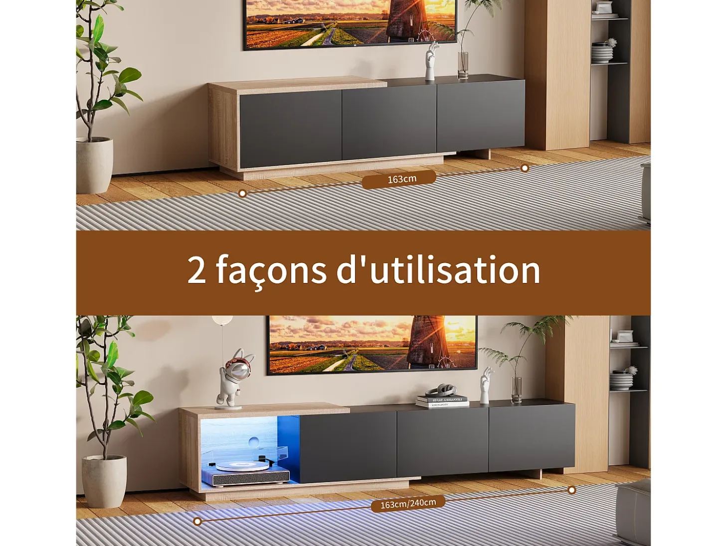 Mueble TV LED - con 3 cajones - madera - negro - 240 × 38 × 44 cm