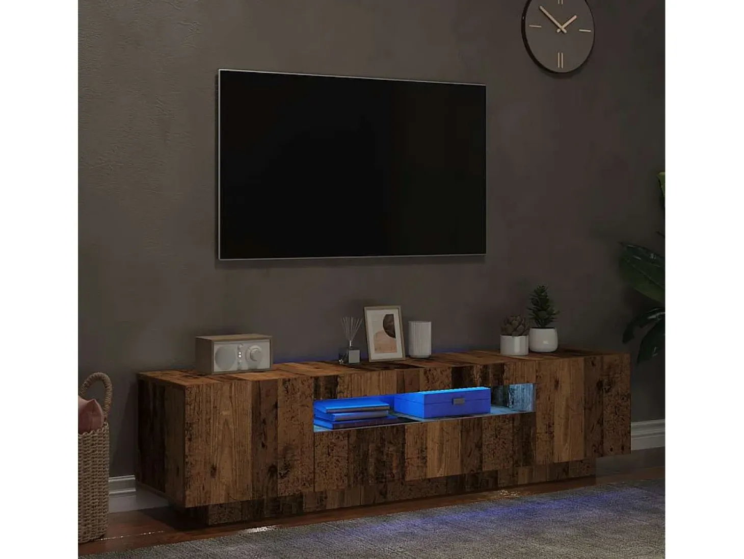 Mueble TV luces LED madera ingeniería envejecida 160x35x40 cm