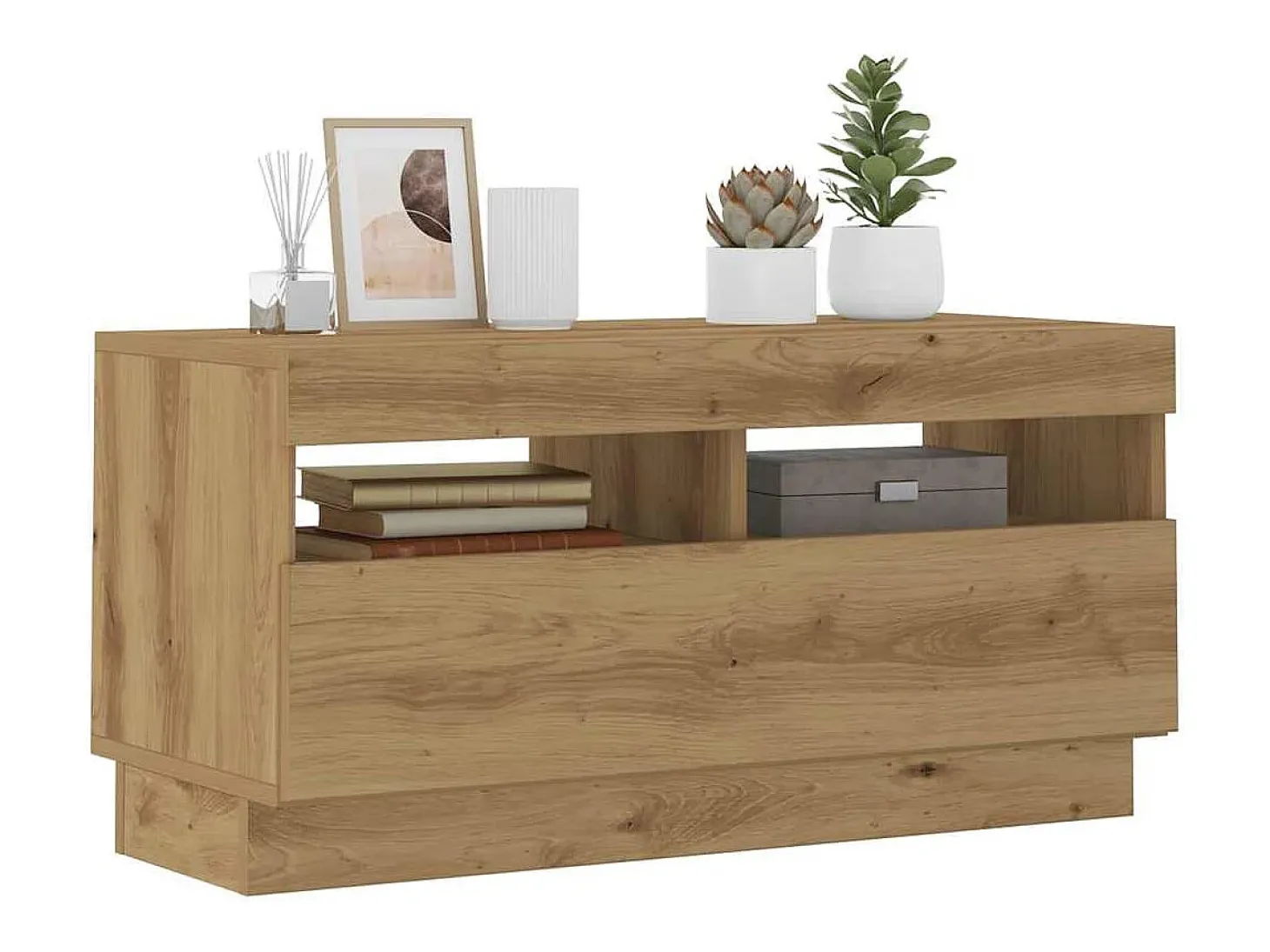 Mueble TV luces LED madera ingeniería roble artisan 80x35x40 cm