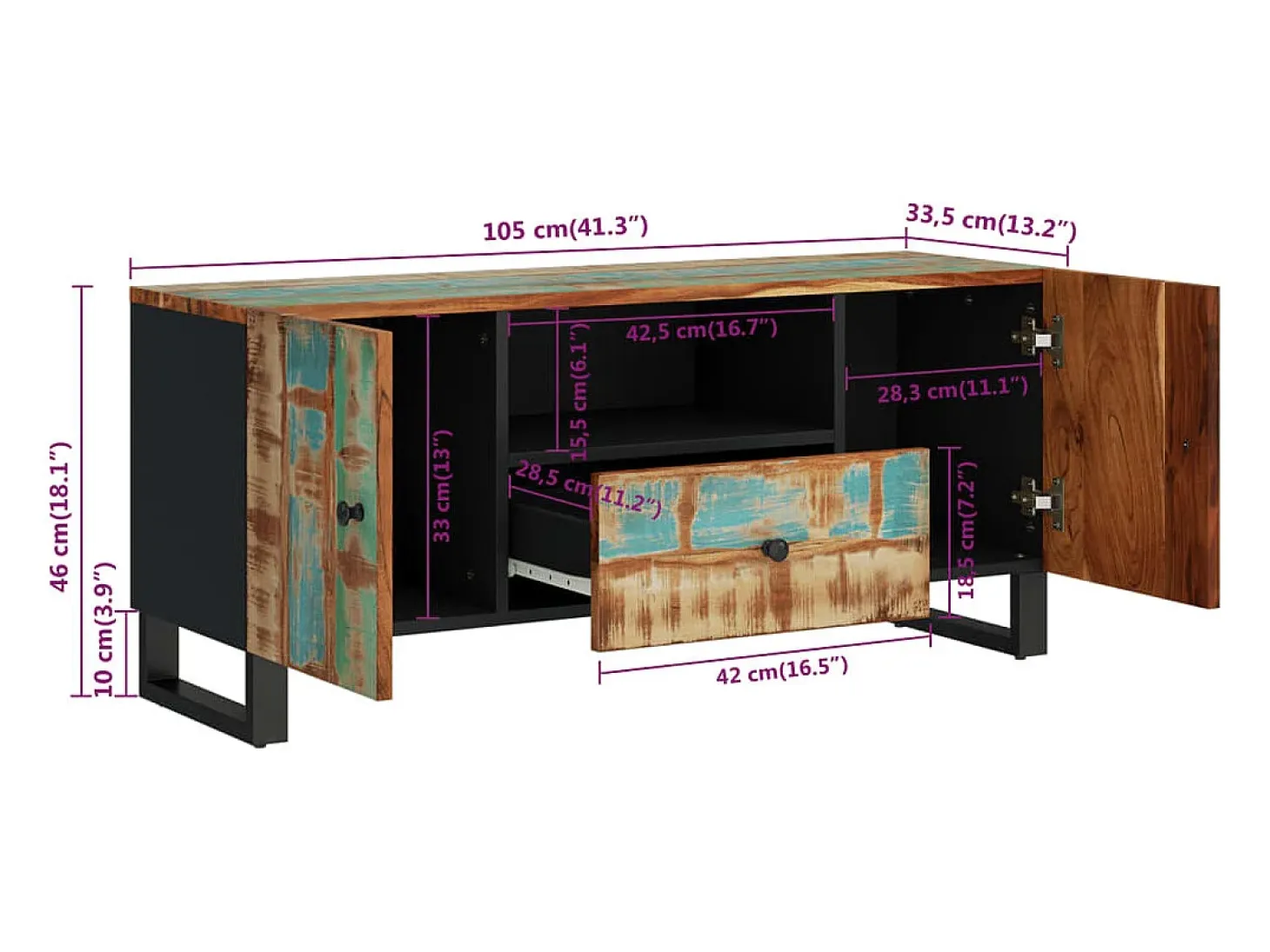 Mueble TV madera reciclada y madera contrachapada 105x33,5x46cm