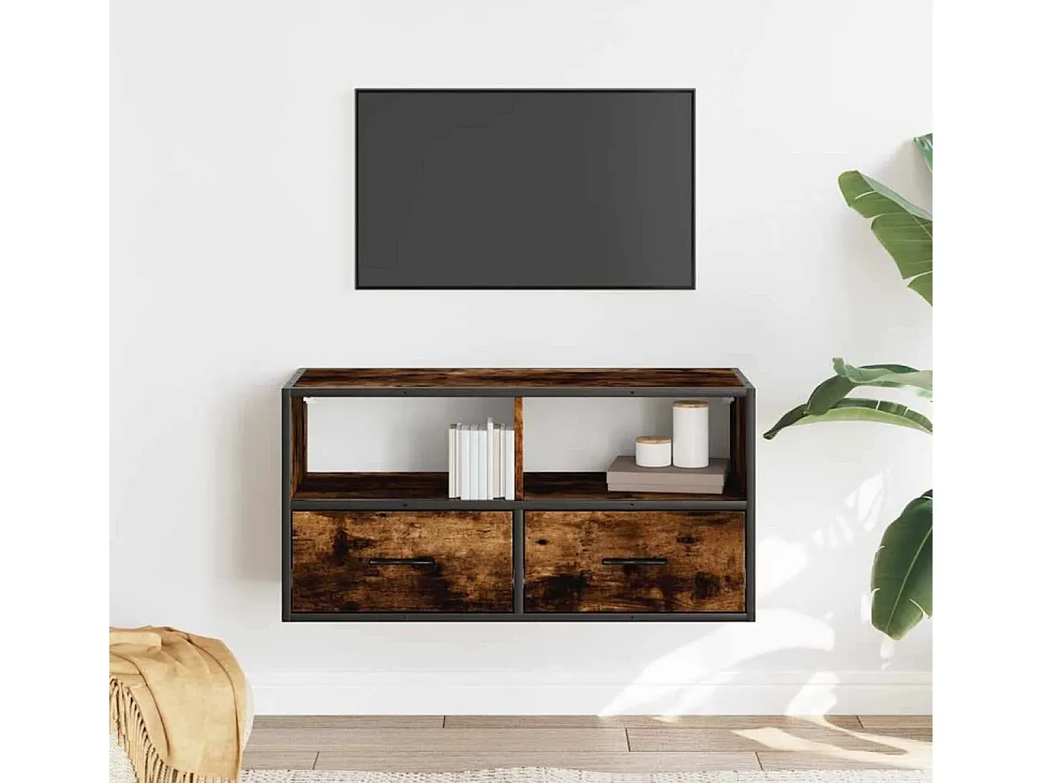 Mueble TV metal y madera contrachapada roble humo 80x31x39,5 cm
