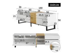 Mueble TV moderno 2 cajones, 2 compartimentos y 1 puerta - 180 x 38 x 50 cm - MDF - Blanco