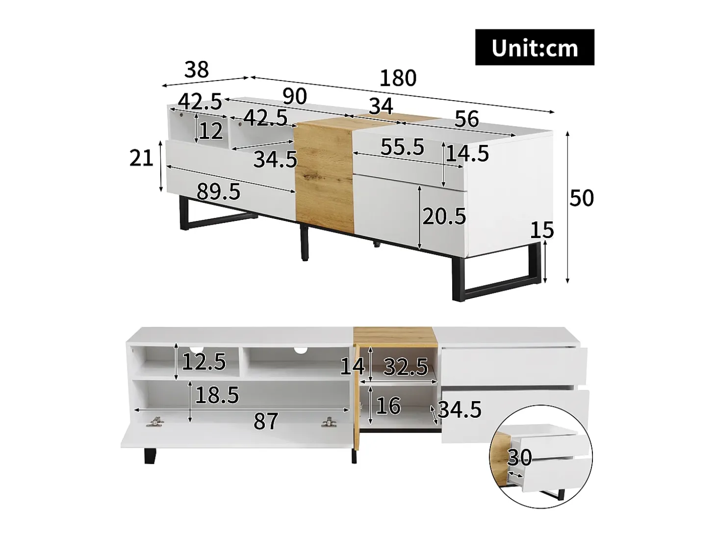 Mueble TV moderno 2 cajones, 2 compartimentos y 1 puerta - 180 x 38 x 50 cm - MDF - Blanco