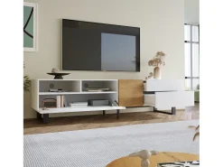 Mueble TV moderno 2 cajones, 2 compartimentos y 1 puerta - 180 x 38 x 50 cm - MDF - Blanco