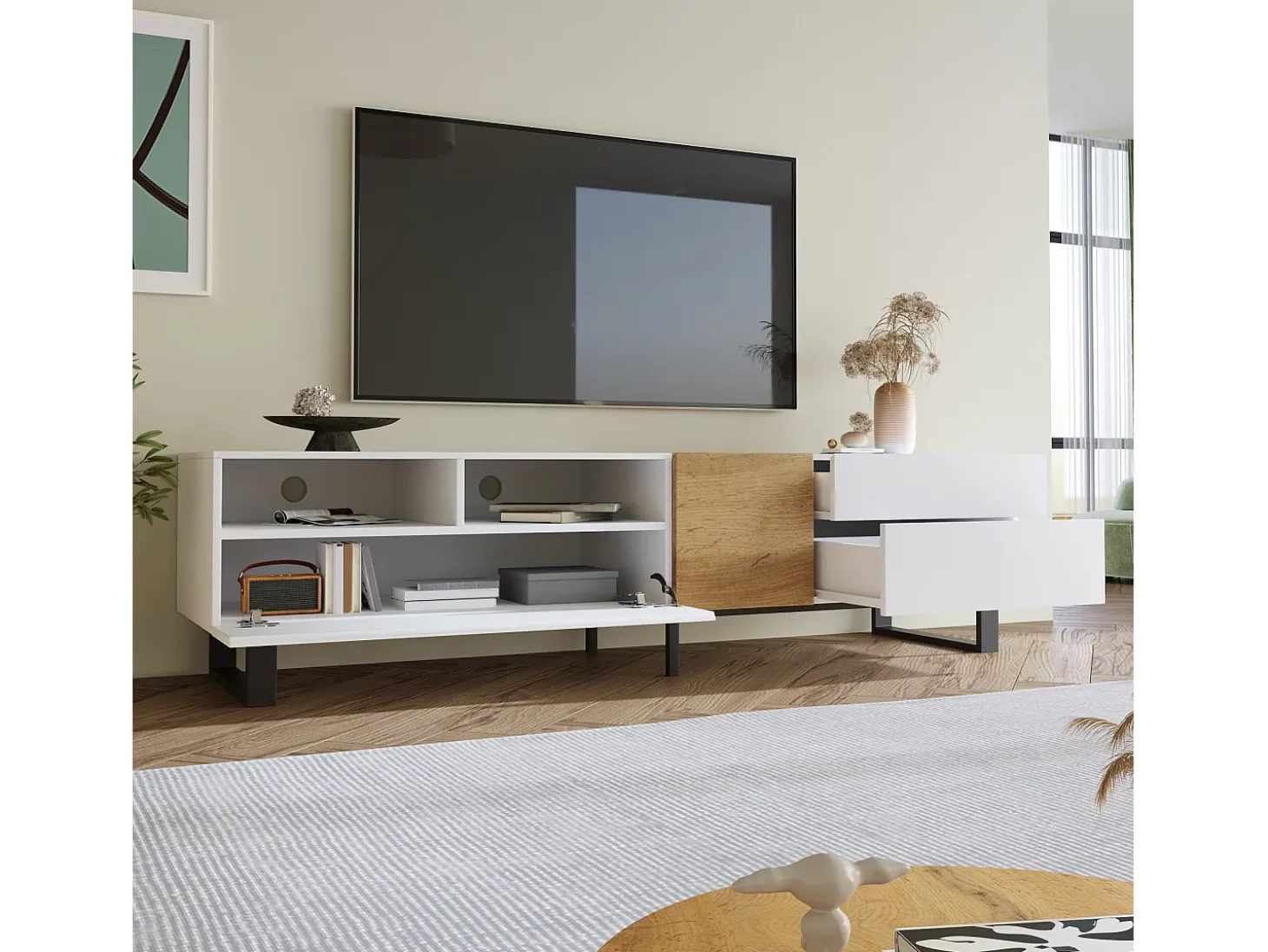 Mueble TV moderno 2 cajones, 2 compartimentos y 1 puerta - 180 x 38 x 50 cm - MDF - Blanco