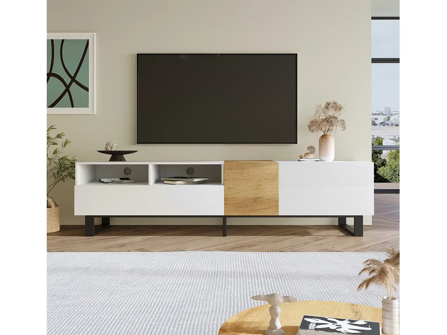 Mueble TV moderno 2 cajones, 2 compartimentos y 1 puerta - 180 x 38 x 50 cm - MDF - Blanco
