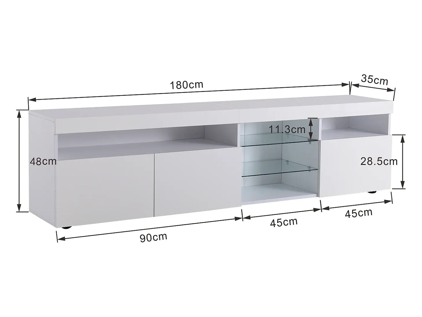 Mueble TV moderno 180 cm con LED - 3 puertas y 5 compartimentos abiertos - Blanco