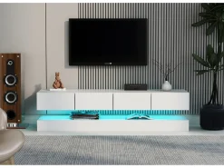 Mueble TV moderno bajo de pared - 130 x 33 x 15 cm - con LED + 2 armarios + 4 cajones - MDF - blanco
