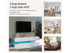 Mueble TV moderno bajo de pared - 130 x 33 x 15 cm - con LED + 2 armarios + 4 cajones - MDF - blanco