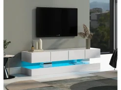 Mueble TV moderno bajo de pared - 130 x 33 x 15 cm - con LED + 2 armarios + 4 cajones - MDF - blanco