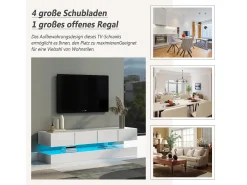 Mueble TV moderno bajo de pared - 130 x 33 x 15 cm - con LED + 2 armarios + 4 cajones - MDF - blanco
